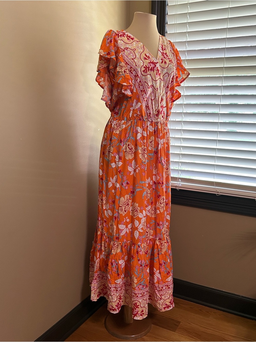 Floral V-Neck Orange Maxi Dress with Pink Trim - Picture 3 of 8